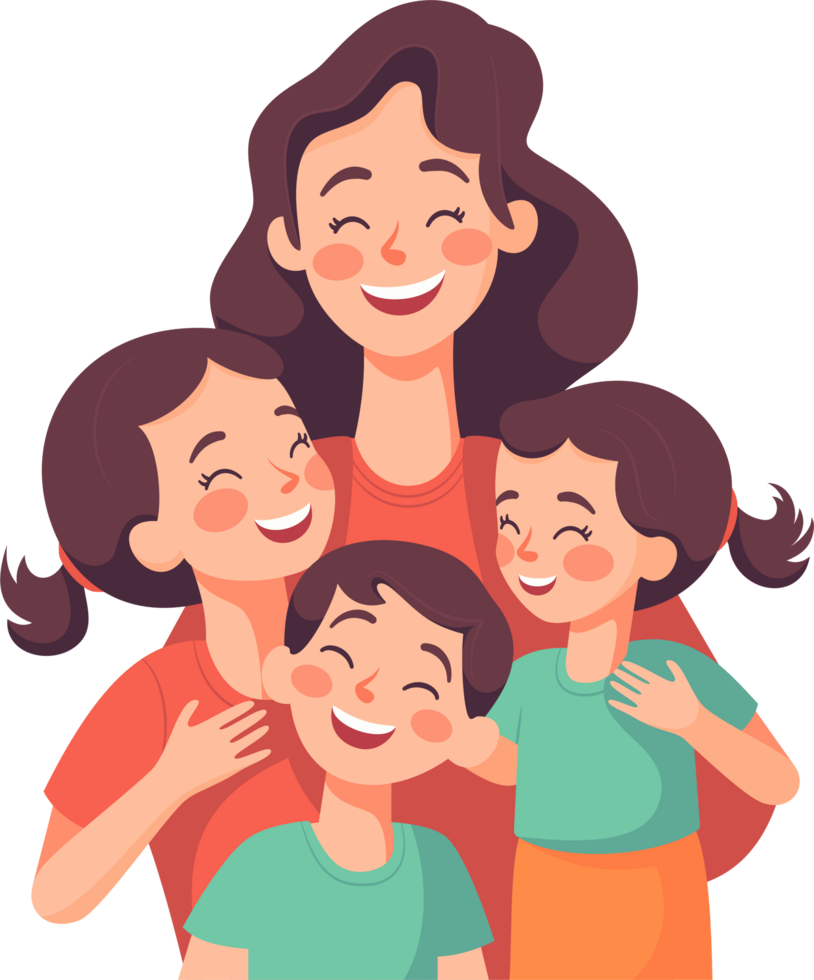 madre con niños, mamá con hijo y hija, contento familia momentos, plano estilo dibujos animados ilustración. de la madre día concepto. png