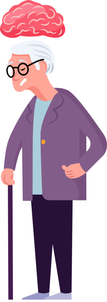 Senior Mental Health. Flat Style Cartoon Illustration of an Elderly Woman with Memory Issues and Brain Problems. png