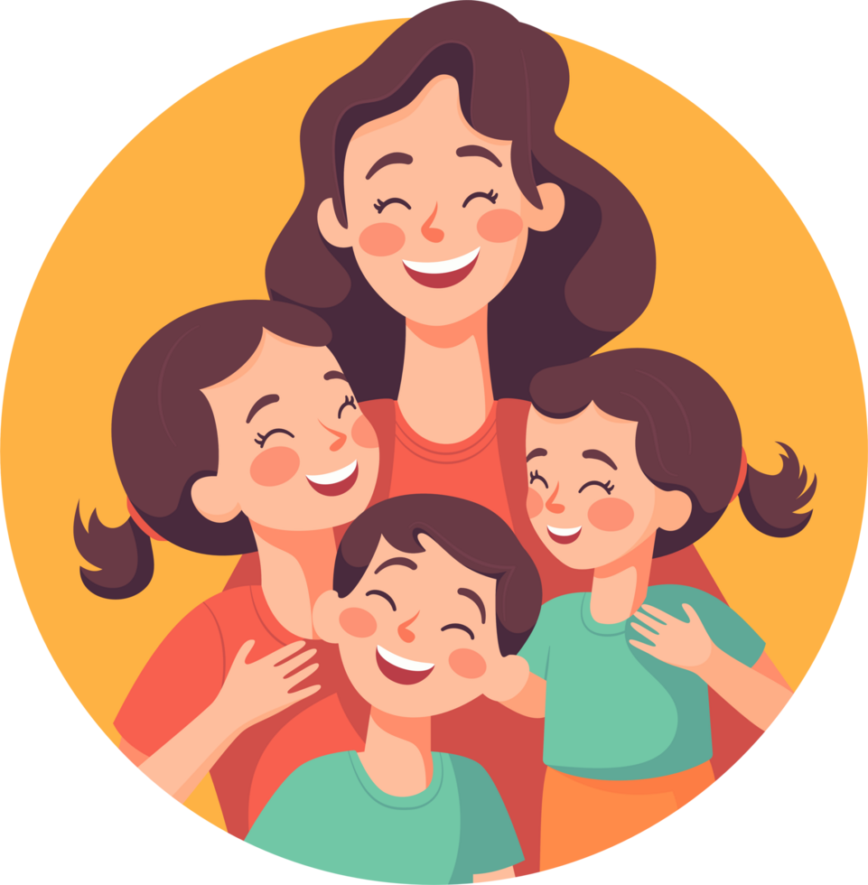 madre con niños, mamá con hijo y hija, contento familia momentos, plano estilo dibujos animados ilustración. de la madre día concepto. png