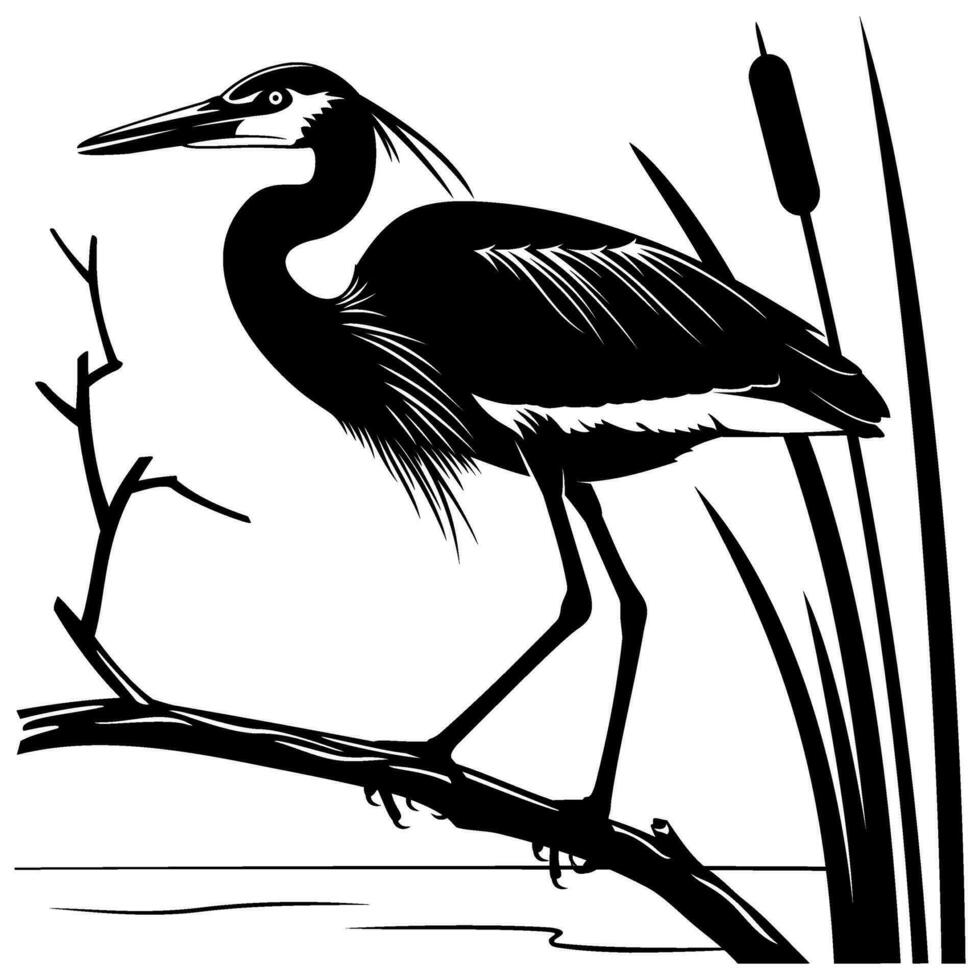 Silhouette of Heron standing on a branch. Black and white stencil vector illustration. Bird, branch, reeds and water are separate objects