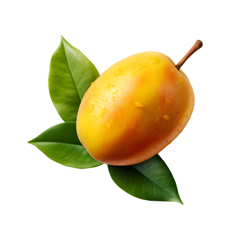 Yellow rip mango with green leaves on transparent background png