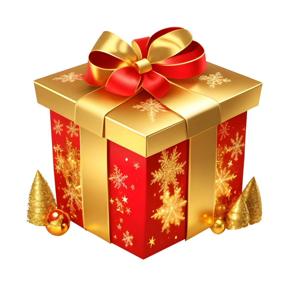 3D red gift box with golden ribbon and Christmas tree on transparent background png