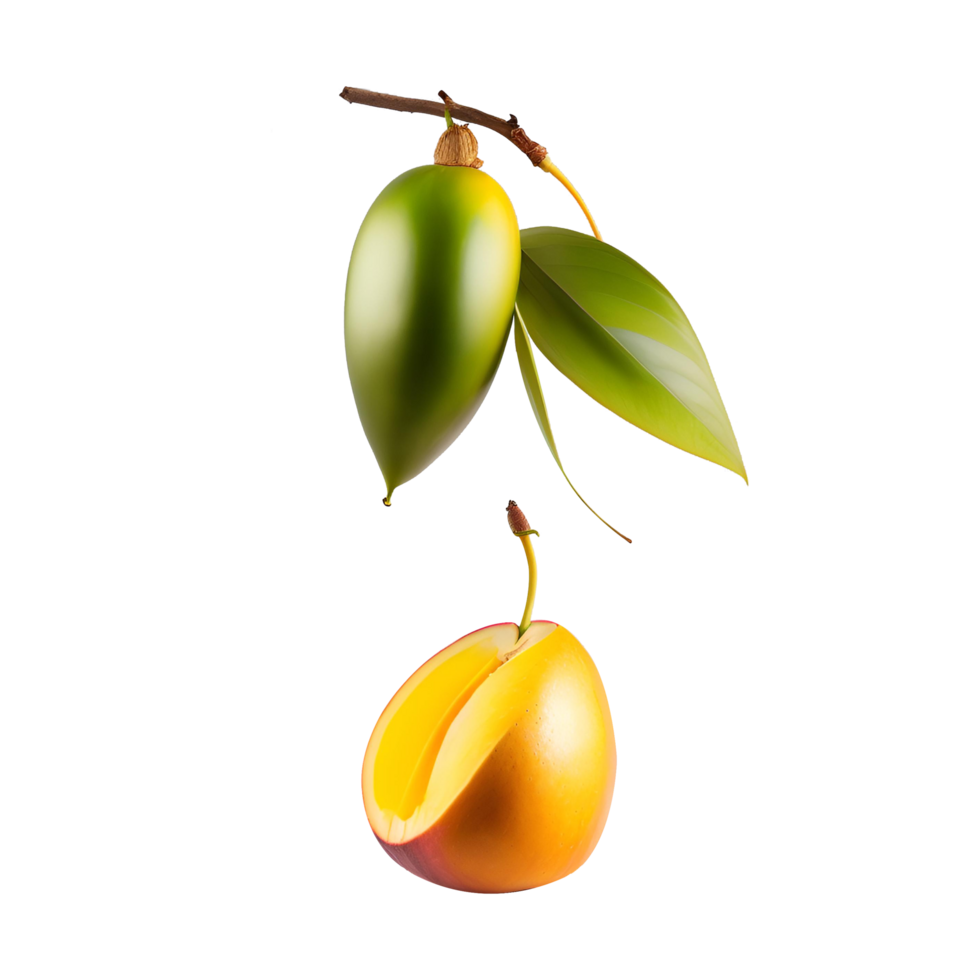 Half mango with green leave on transparent background png