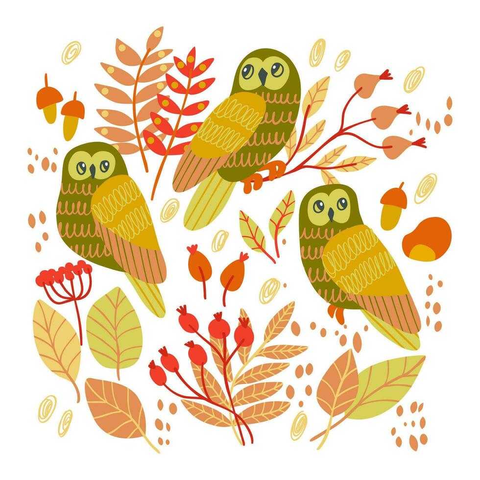 Set with autumn elements such as leaves, owls, berries. Isolated fall coloured elements for stickers, t-shirs printing. vector