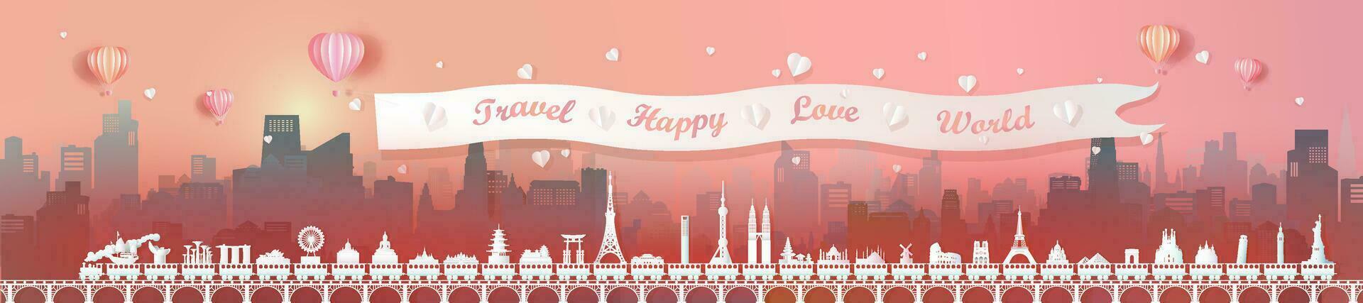 Travel landmarks of world with cityscape background. vector