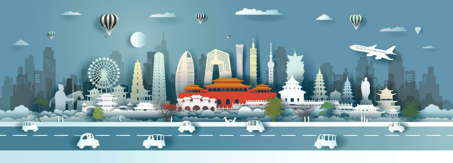 Travel China landmarks of Beijing, Shanghai, Taiwan, Xian, Macao, Taipei vector