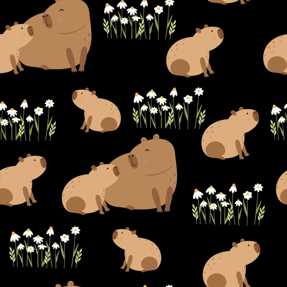 Capybara with her cub and white flowers and leaves. Cute seamless pattern vector