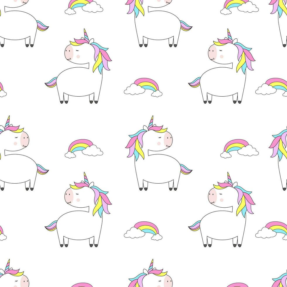 Seamless pattern cute unicorn cartoon with rainbow and cloudy. Child vector. Perfect for Nursery kids, greeting card, baby shower girl. vector