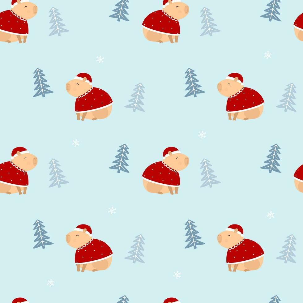 capybara in santa claus costume. Christmas seamless pattern vector
