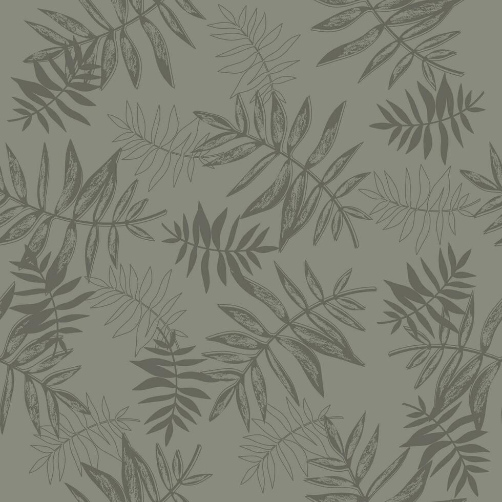 Summer art illustration grunge background of tropical leaves in grey. Abstract palm leaf in monochrome colors, vector seamless background.