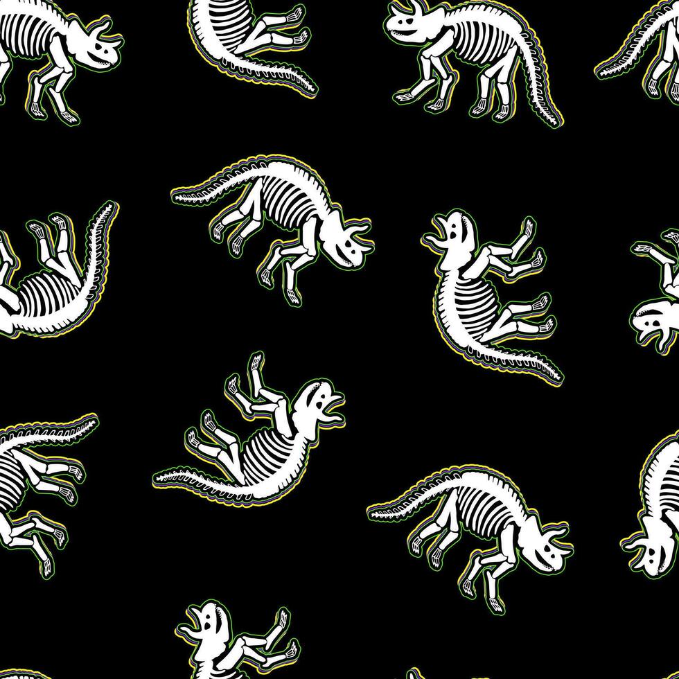 Dinosaur skeleton. Vector seamless pattern. Print for T-shirts, textiles, web. Black background.