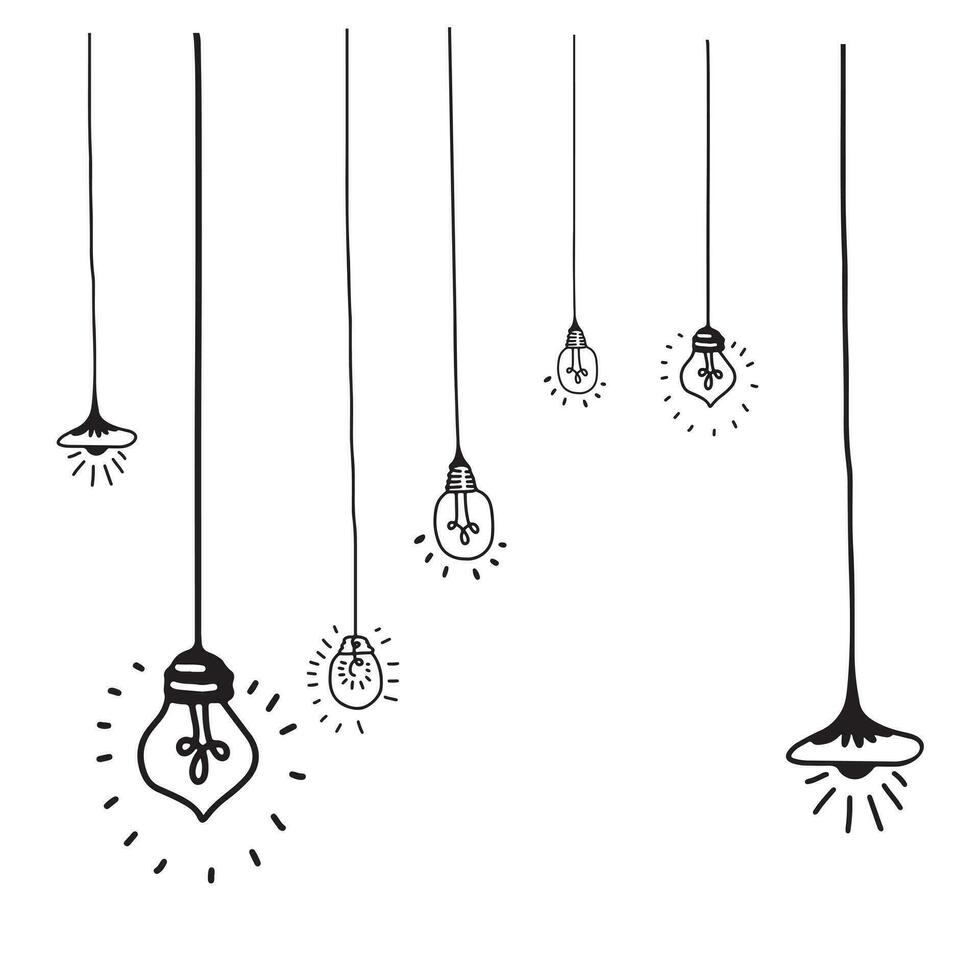 Hand drawn light bulb icons with concept of idea. Doodle style. Vector illustration.
