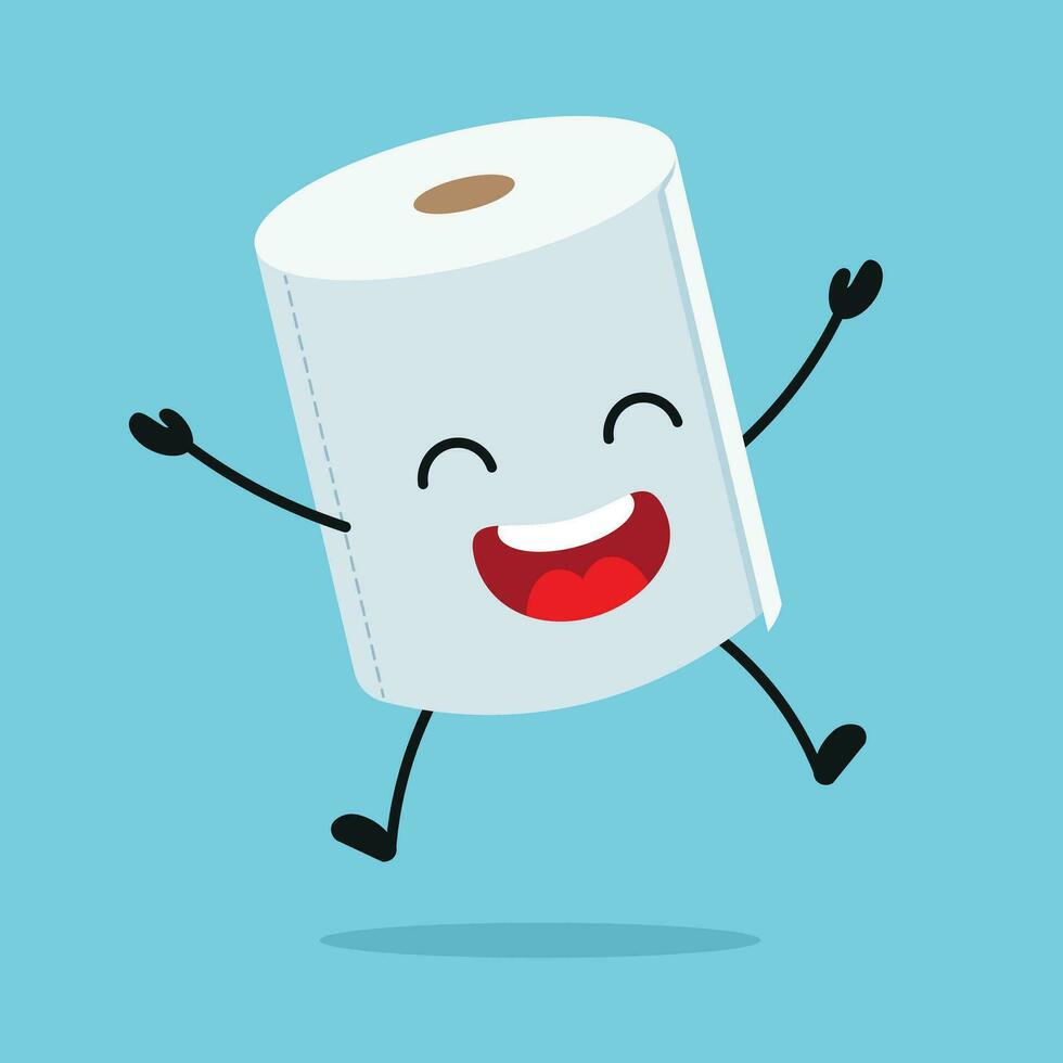 Cute happy toilet paper character. Funny winning celebration jump tissue cartoon emoticon in flat style emoji vector illustration