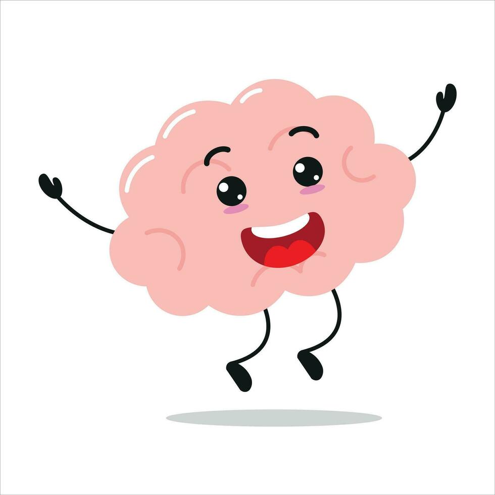 Cute happy brain character. Funny jump brain cartoon emoticon in flat style. encephalon emoji vector illustration