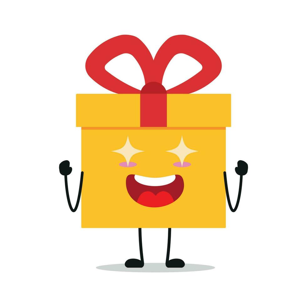 Cute excited gift box character. Funny electrifying gift box cartoon emoticon in flat style. present emoji vector illustration