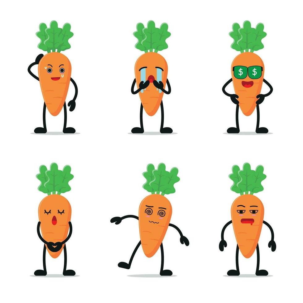 happy carrot cartoon with many expressions. different vegetable activity vector illustration flat design. cry carrot for children story book.