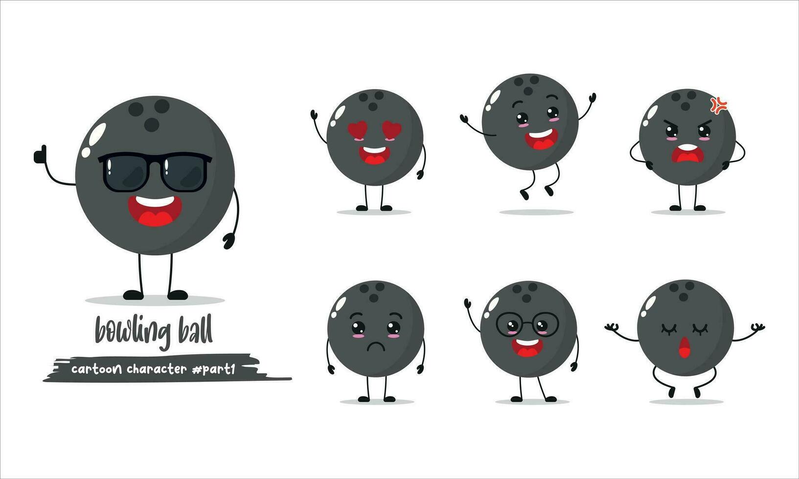 cute bowling ball cartoon with many expressions. different activity pose vector illustration flat design set with sunglasses.