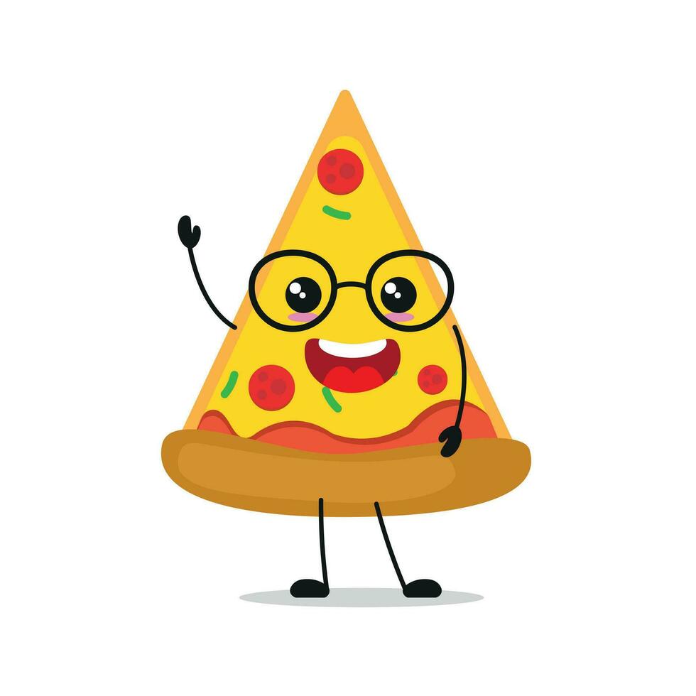 Cute happy pizza character. Smiling and greet pie cartoon emoticon in flat style. food emoji vector illustration