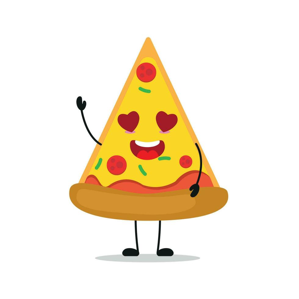 linda contento Pizza personaje. gracioso otoño en amor tarta dibujos animados emoticon en plano estilo. comida emoji vector ilustración