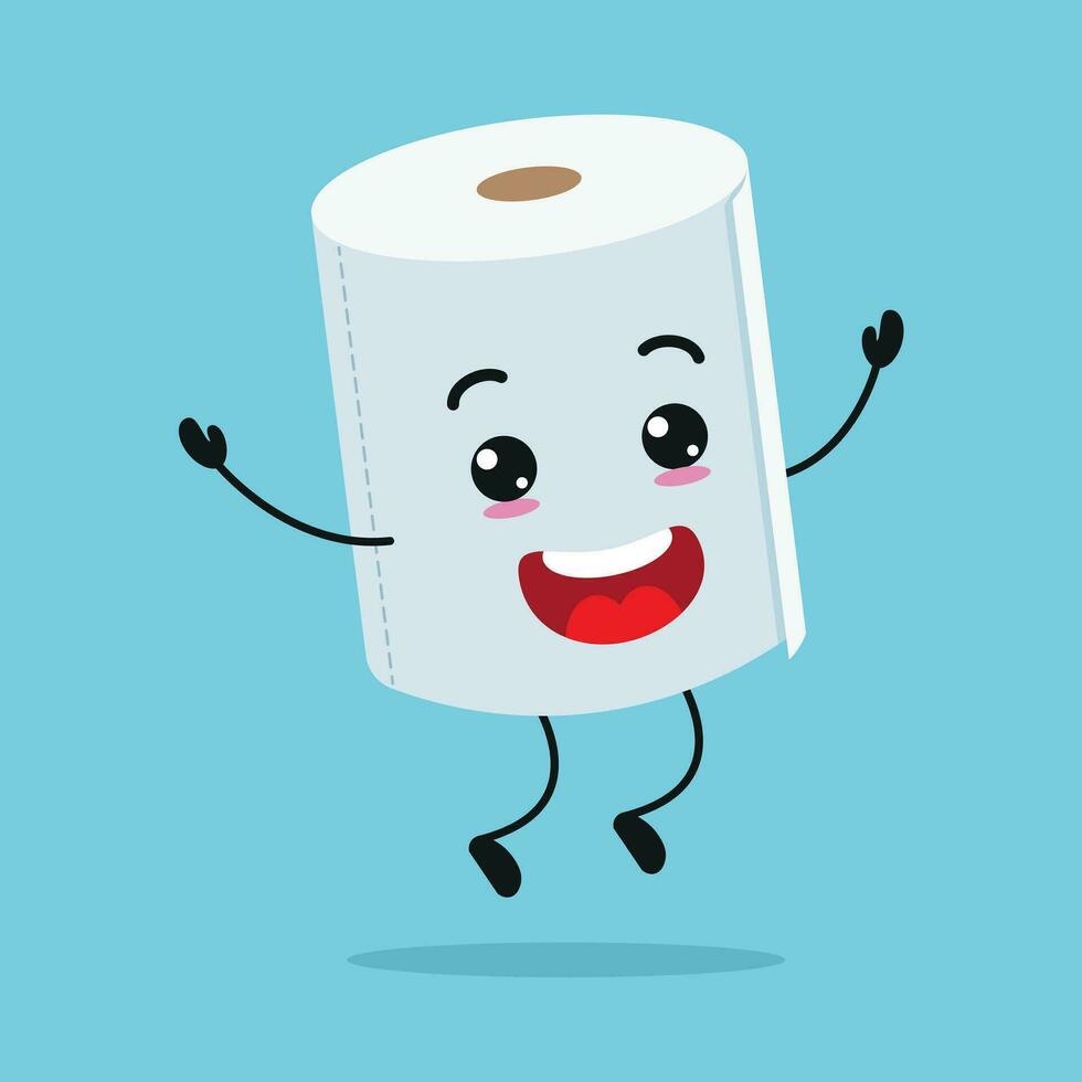 Cute happy toilet paper character. Funny jump tissue cartoon emoticon in flat style emoji vector illustration