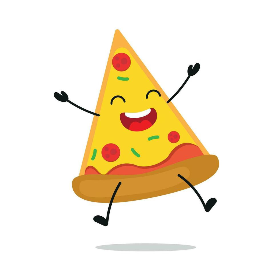 linda contento Pizza personaje. gracioso celebracion saltar tarta dibujos animados emoticon en plano estilo. comida emoji vector ilustración