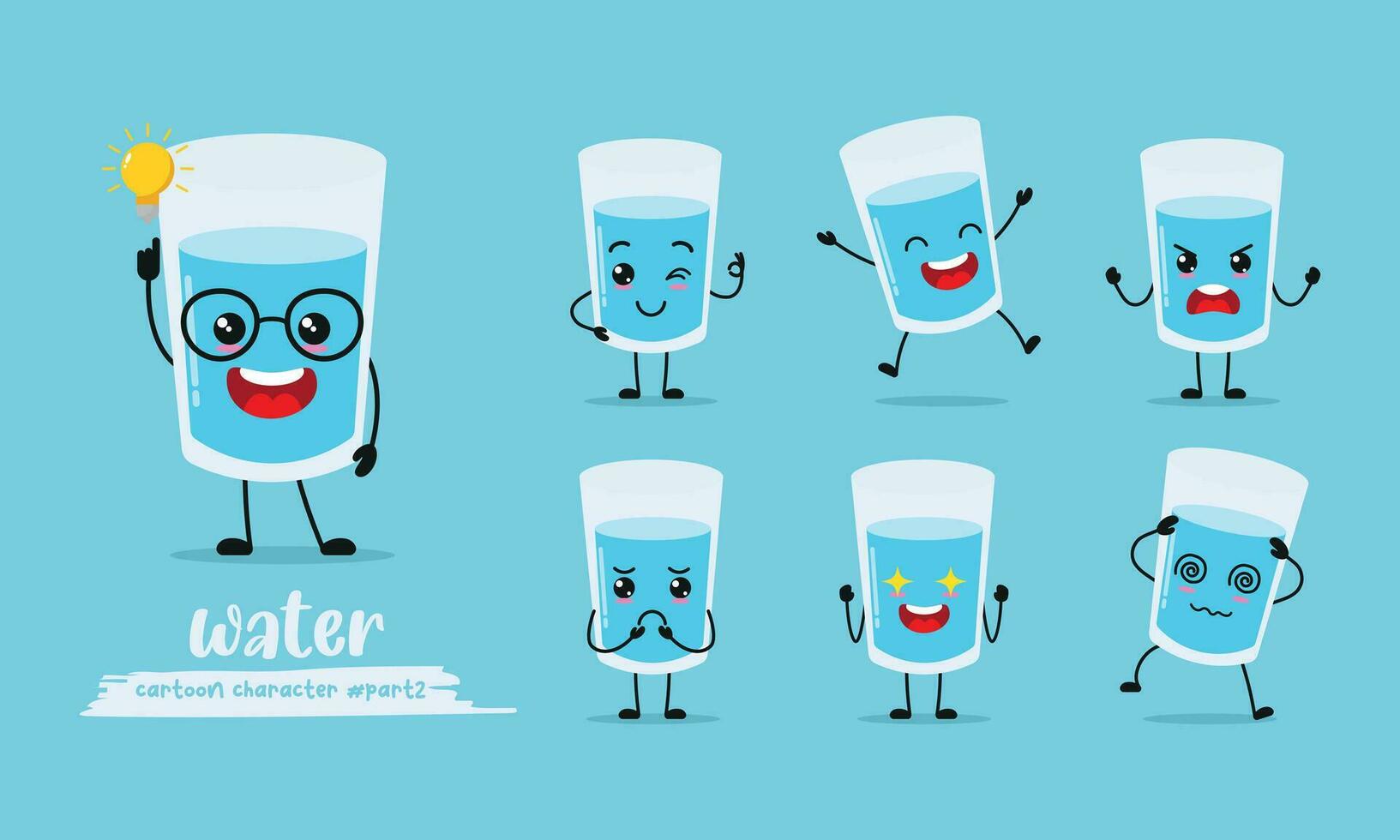 cute glass of water cartoon with many expressions. different activity pose vector illustration flat design set.