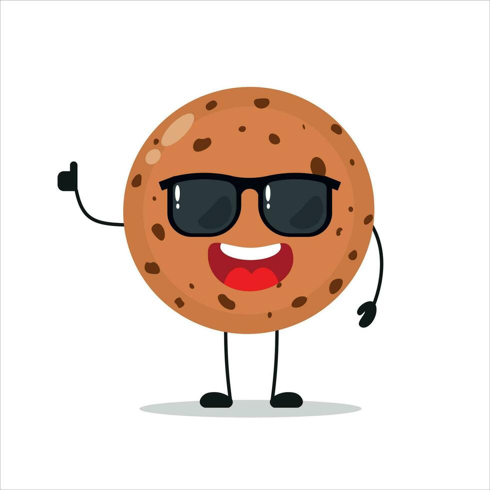 Cute happy cookie character wear sunglasses. Funny biscuit greet friend cartoon emoticon in flat style. bakery emoji vector illustration