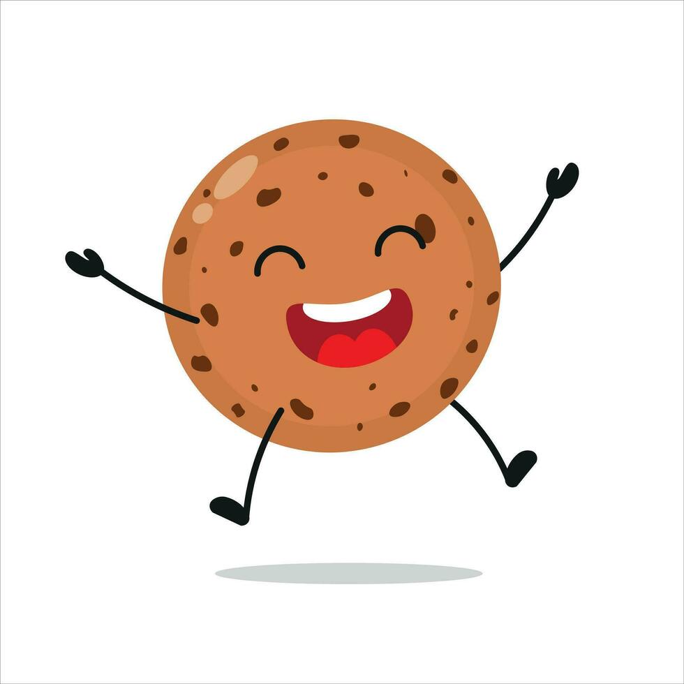 Cute happy cookie character. Funny victory jump celebration biscuit cartoon emoticon in flat style. bakery emoji vector illustration