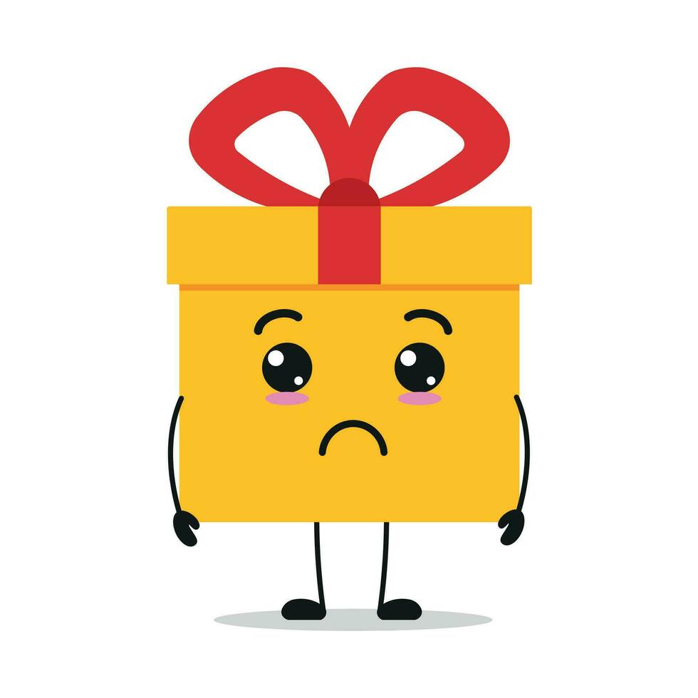 Cute sad gift box character. Funny unhappy gift box cartoon emoticon in flat style. present emoji vector illustration