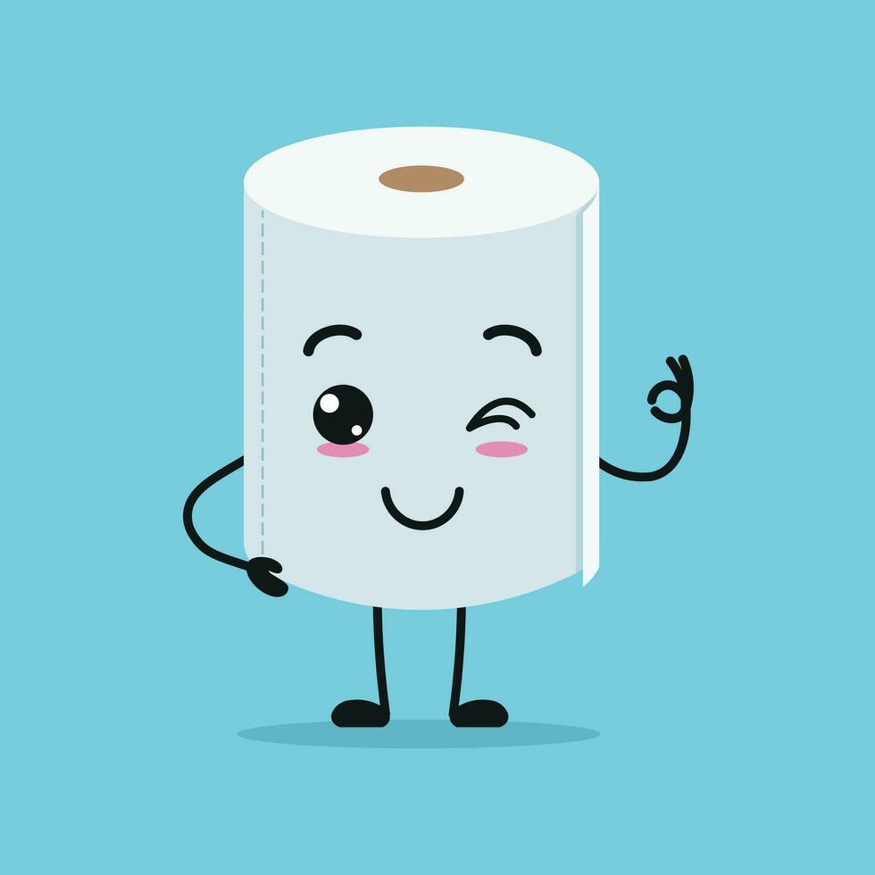 Cute happy toilet paper character. Funny smiling and blink tissue cartoon emoticon in flat style emoji vector illustration