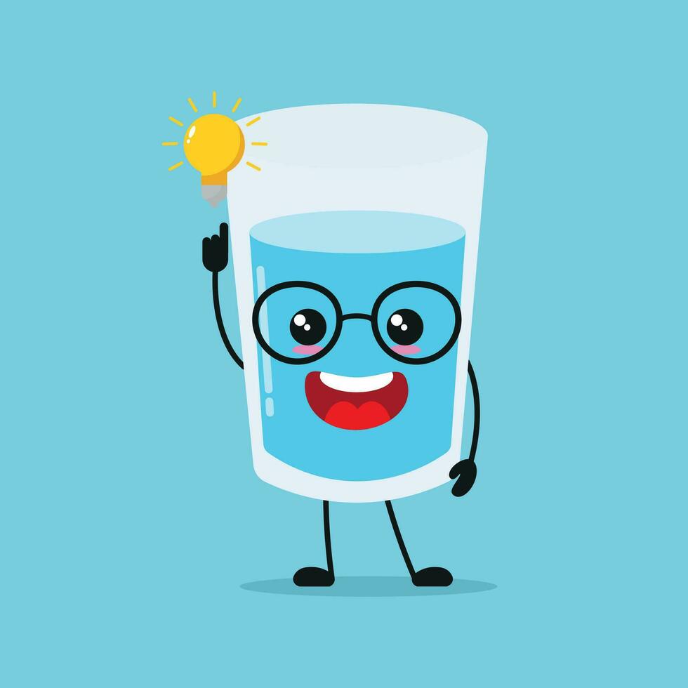 Cute smart water glass character. Funny glass got inspiration idea cartoon emoticon in flat style. water emoji vector illustration