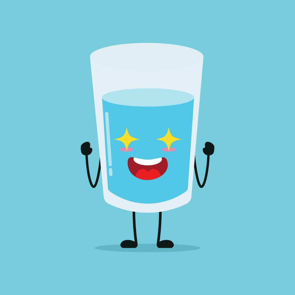 Cute excited water glass character. Funny electrifying glass cartoon emoticon in flat style. water emoji vector illustration