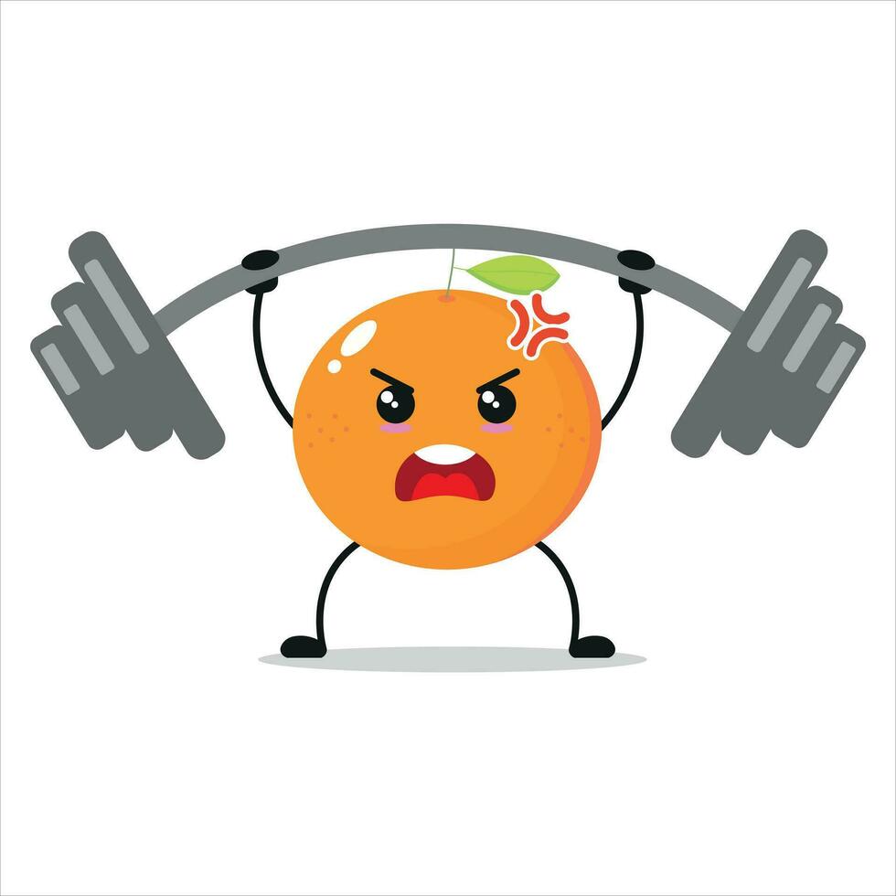 Cute and funny orange doing weightlifting. fruit doing fitness or sports exercises. Happy character working out vector illustration.