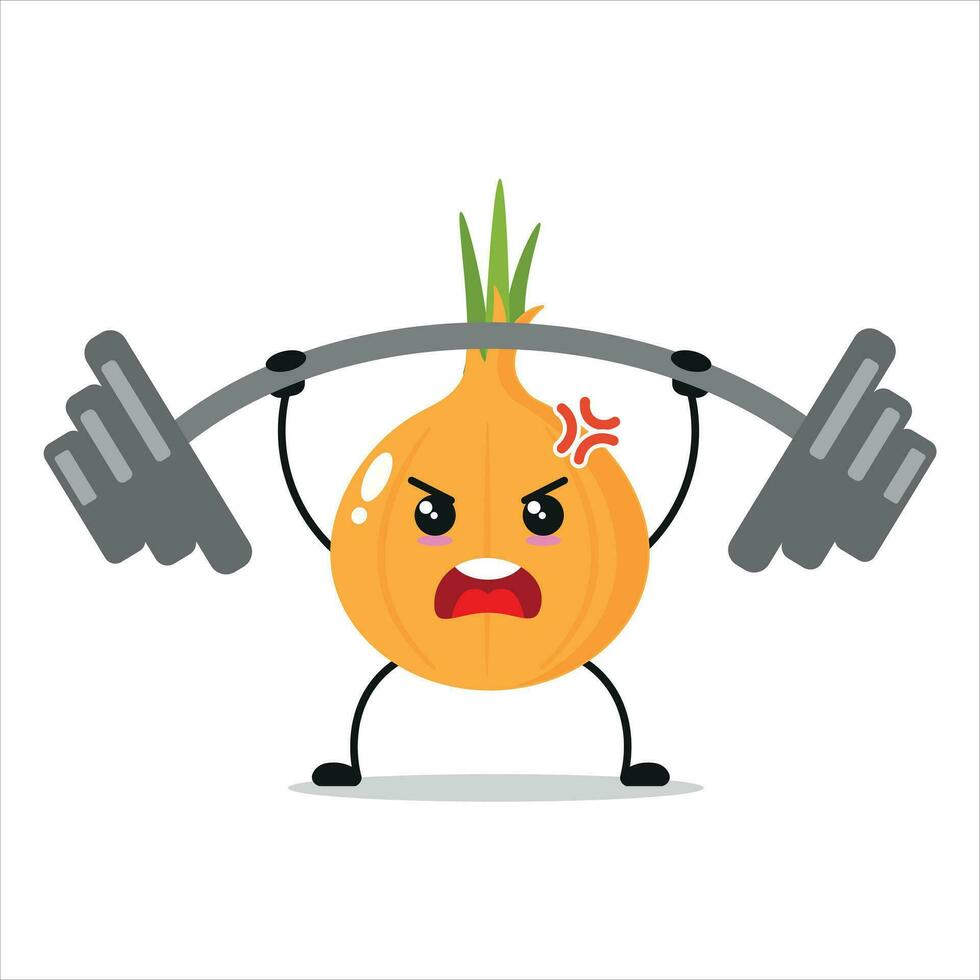 Cute and funny onion doing weightlifting. Vegetable doing fitness or sports exercises. Happy character working out vector illustration.