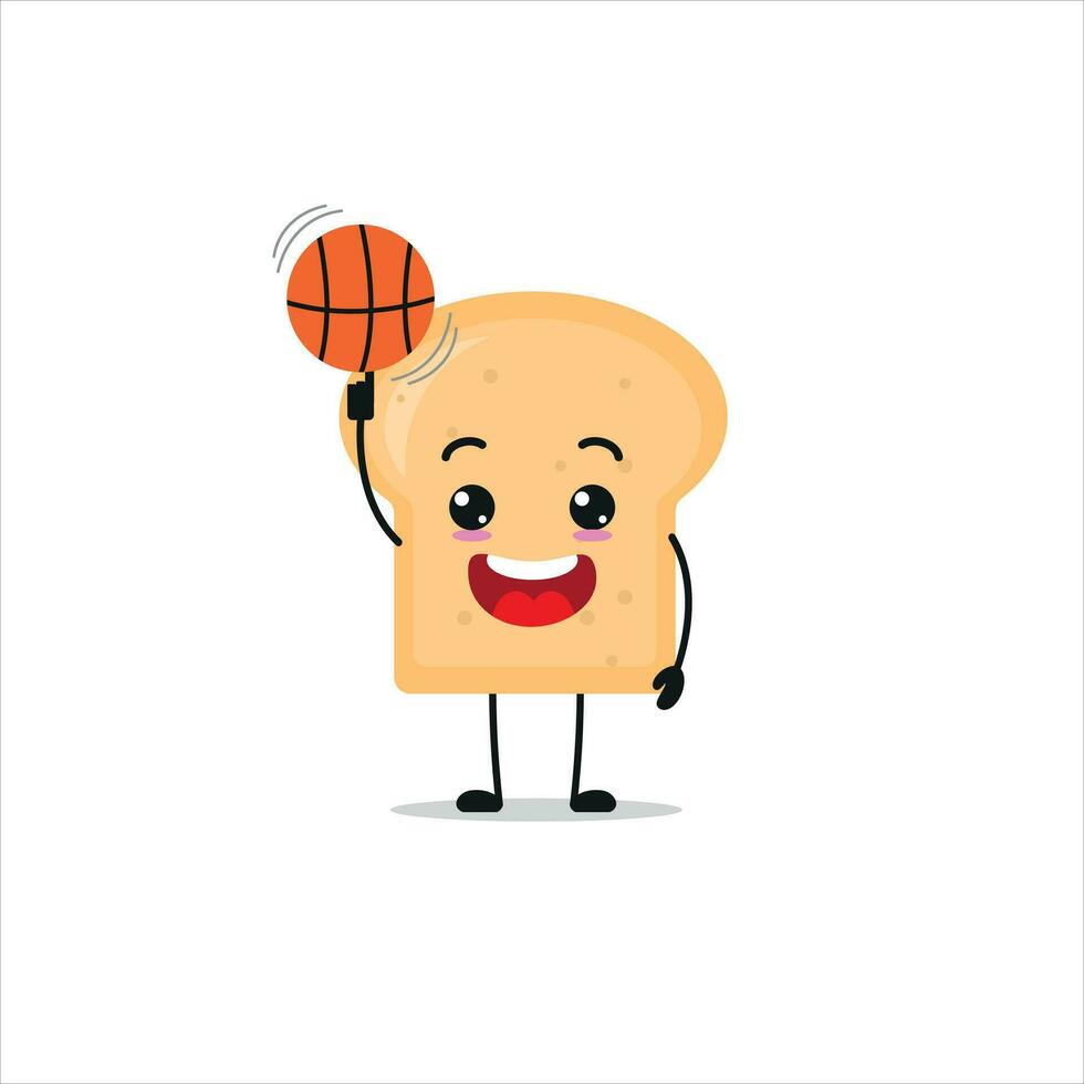 Cute and funny bread play basketball. bakery doing fitness or sports exercises. Happy character working out vector illustration.