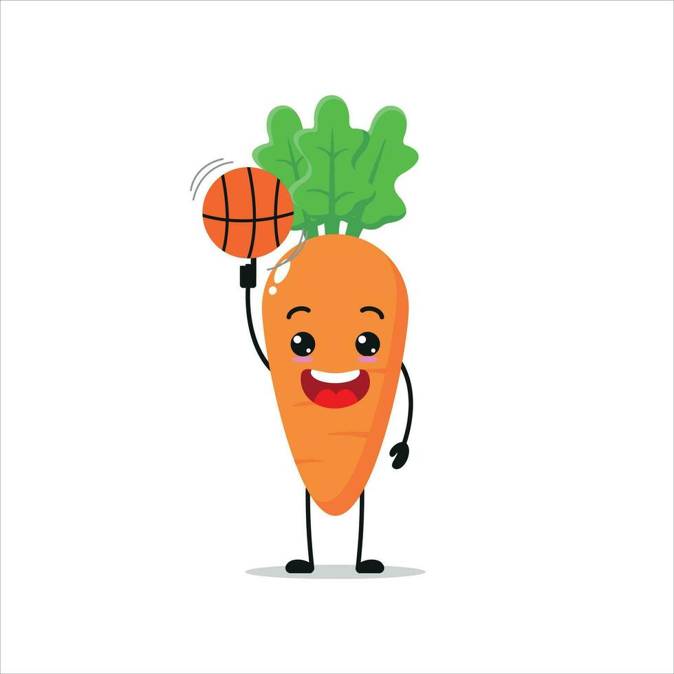 Cute and funny carrot play basketball. Vegetable doing fitness or sports exercises. Happy character working out vector illustration.