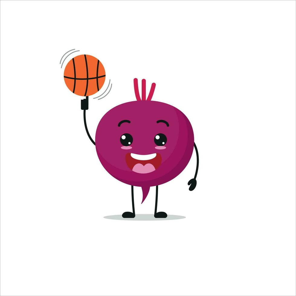 Cute and funny beet play basketball. Vegetable doing fitness or sports exercises. Happy character working out vector illustration.