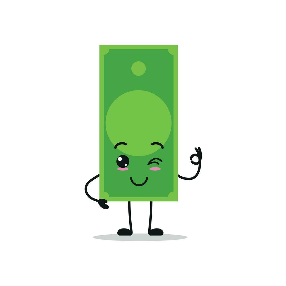 linda contento papel dinero personaje. gracioso sonriente y parpadeo dinero dibujos animados emoticon en plano estilo. financiero emoji vector ilustración