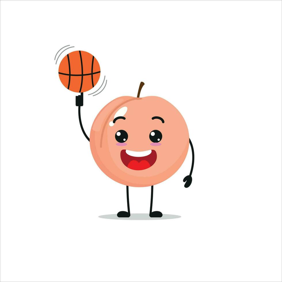 Cute and funny peach play basketball. fruit doing fitness or sports exercises. Happy character working out vector illustration.