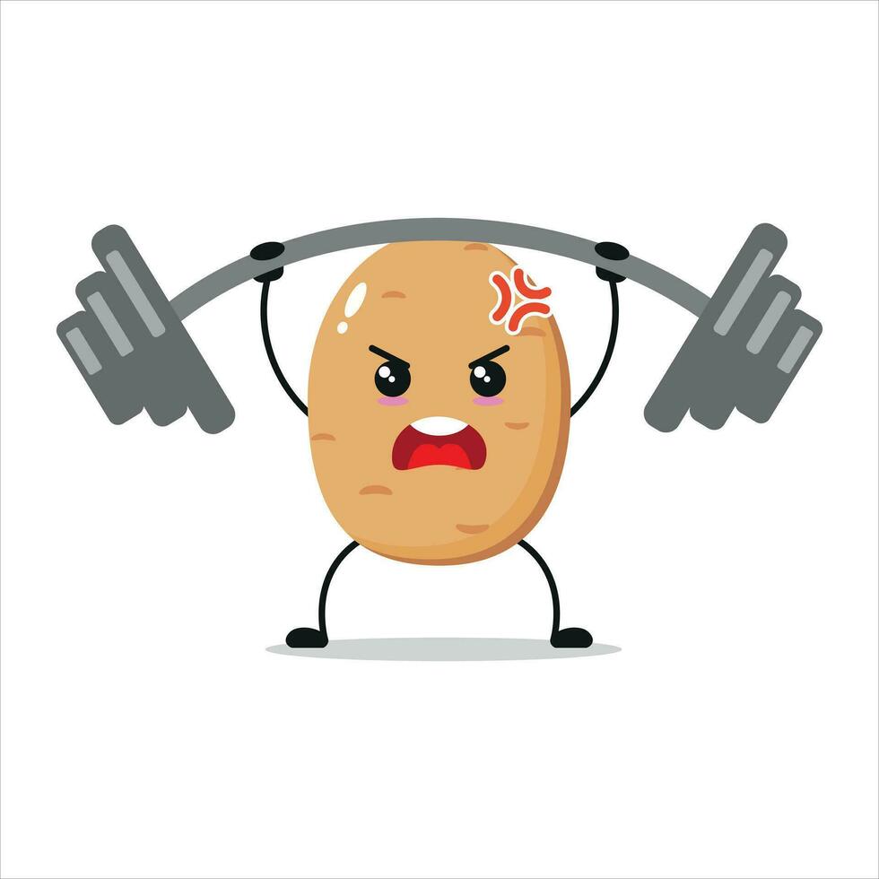 Cute and funny potato doing weightlifting. Vegetable doing fitness or sports exercises. Happy character working out vector illustration.