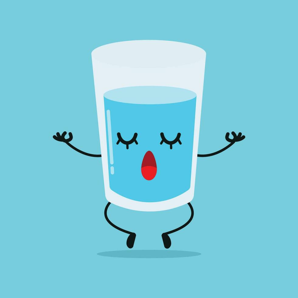 Cute relax water glass character. Funny yoga glass cartoon emoticon in flat style. water emoji meditation vector illustration