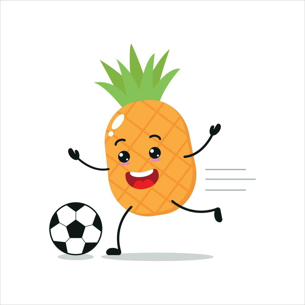 Cute and funny pineapple play football. fruit doing fitness or sports exercises. Happy character soccer working out vector illustration.