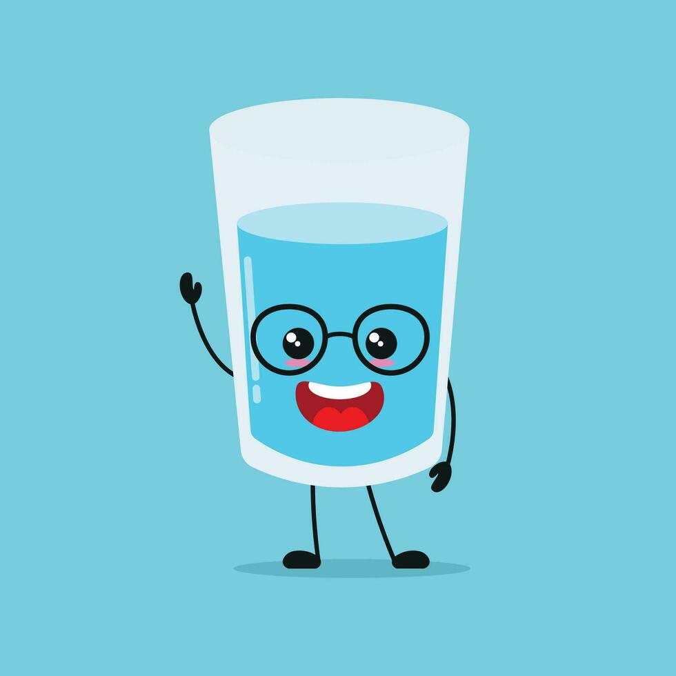 Cute happy water glass character. Smiling and greet glass cartoon emoticon in flat style. water emoji vector illustration