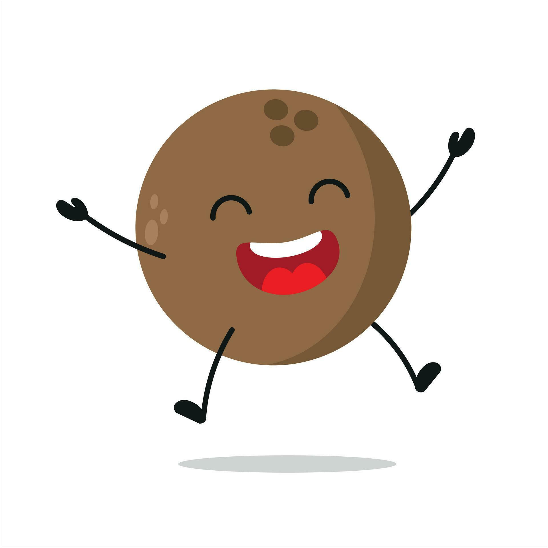 Cute happy coconut character. Funny victory jump celebration coco
