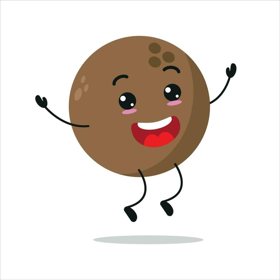 Cute happy coconut character. Funny jump coco cartoon emoticon in flat style. coconut emoji vector illustration