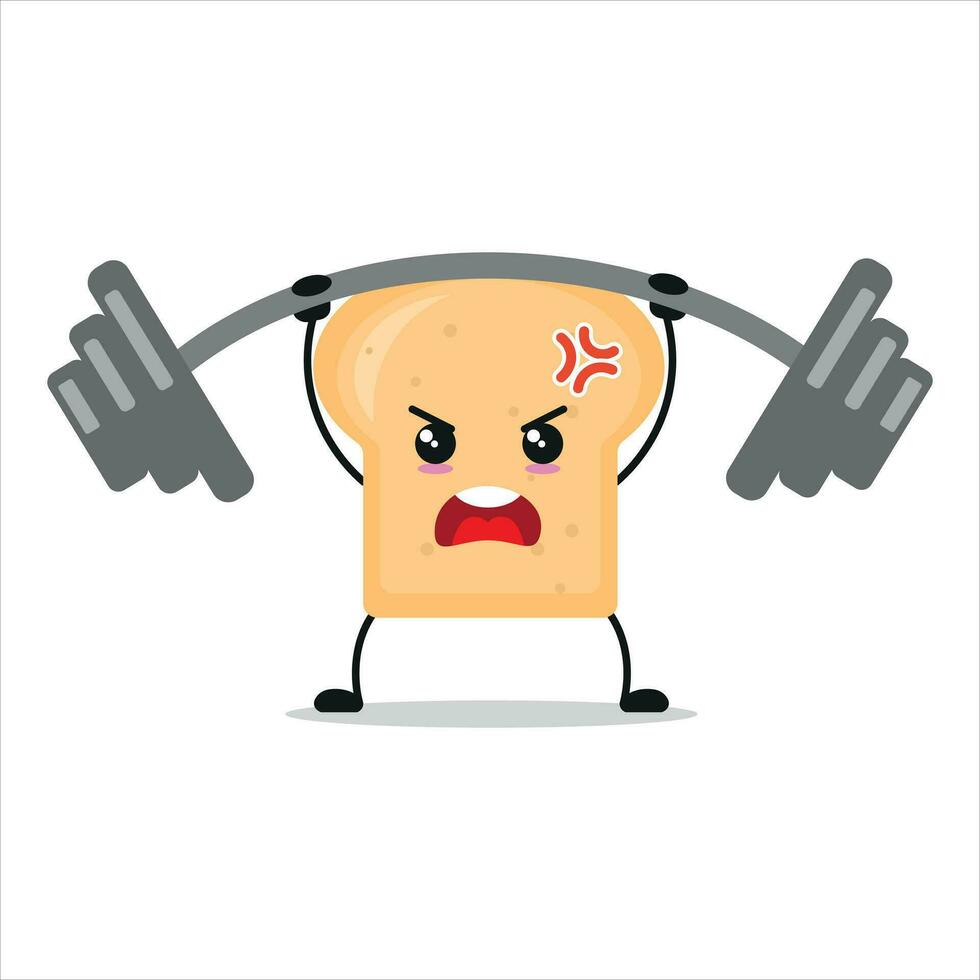 Cute and funny bread doing weightlifting. bakery doing fitness or sports exercises. Happy character working out vector illustration.