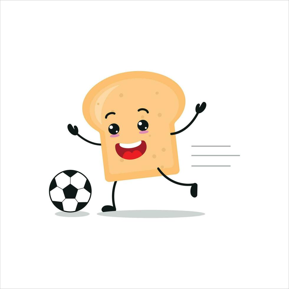 Cute and funny bread play football. bakery doing fitness or sports exercises. Happy character soccer working out vector illustration.