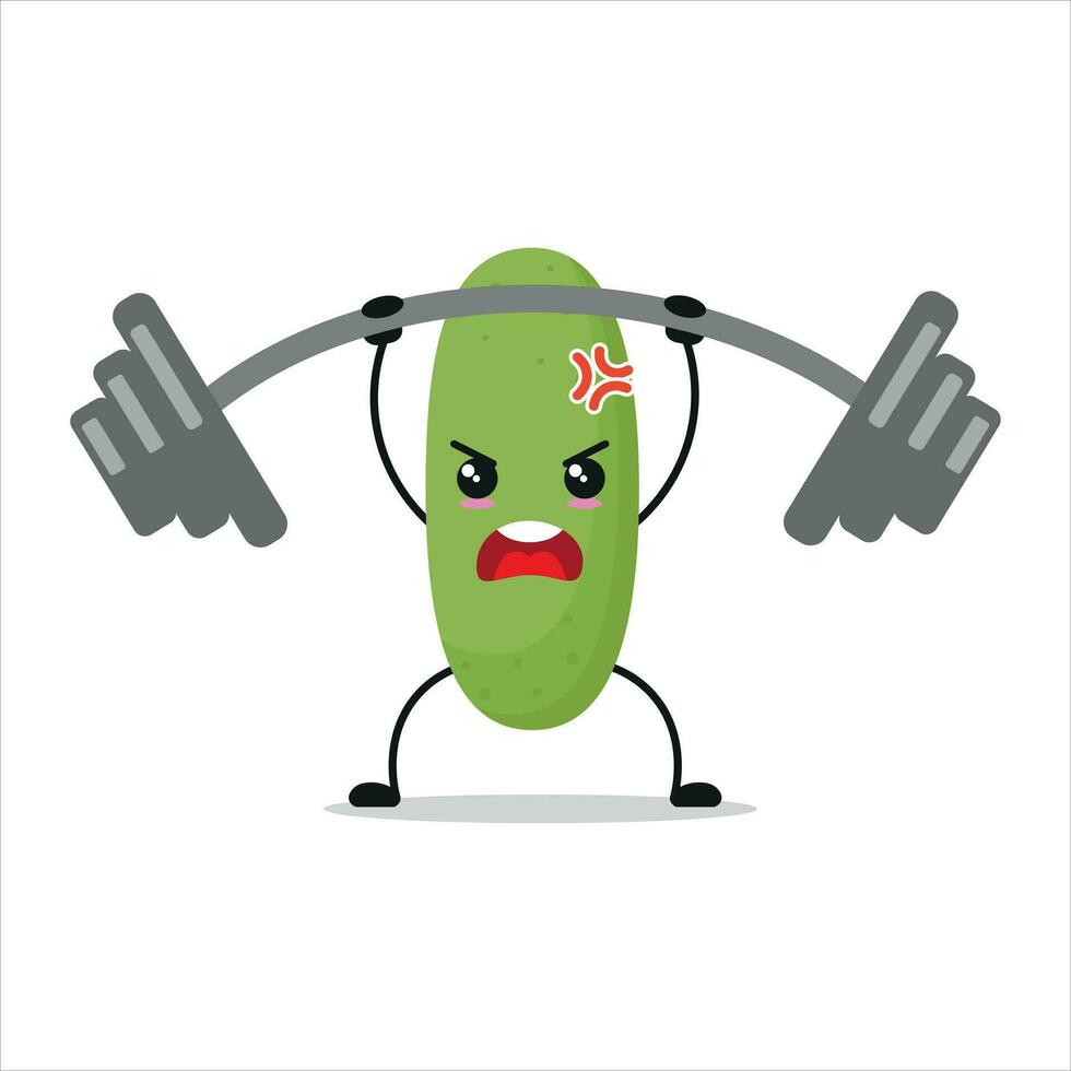 Cute and funny cucumber doing weightlifting. Vegetable doing fitness or sports exercises. Happy character working out vector illustration.