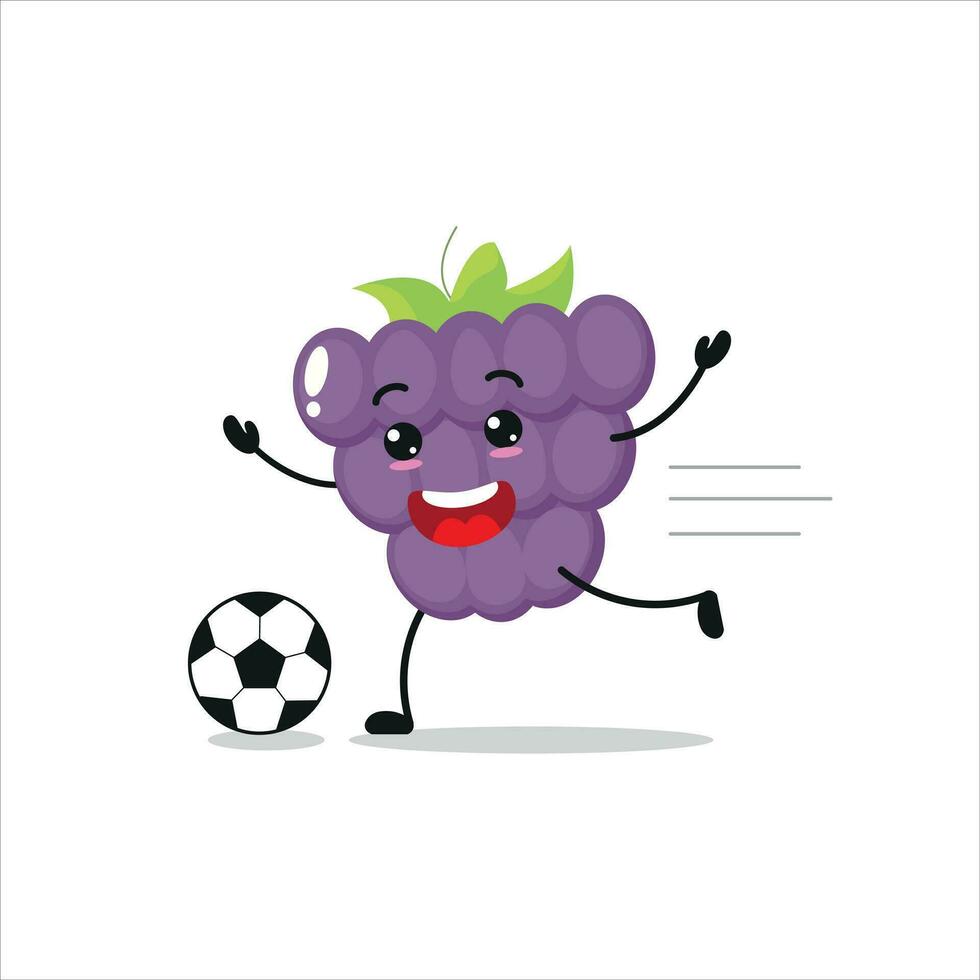 Cute and funny grape play football. fruit doing fitness or sports exercises. Happy character soccer working out vector illustration.