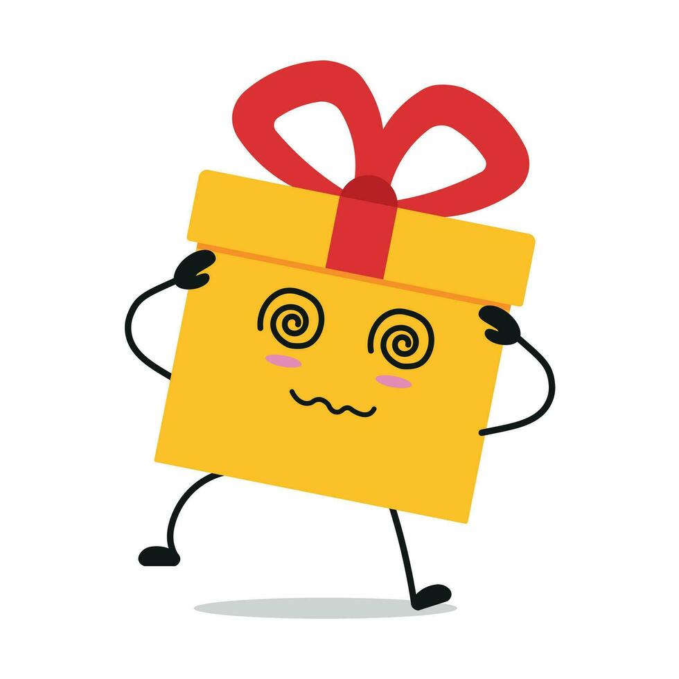 linda mareado regalo caja personaje. gracioso borracho regalo caja dibujos animados emoticon en plano estilo. presente emoji vector ilustración